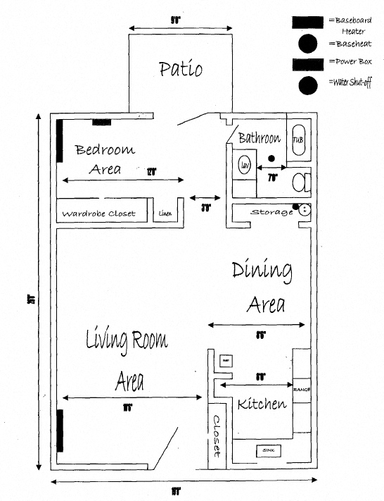 Floor plan for 1 bed, 1 bath, 475 sqft